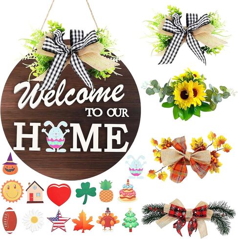 علامة ترحيب موسمية قابلة للتبديل لتزيين الباب الأمامي، أكاليل SYOUACEND الموسمية للباب الأمامي، ديكور الشرفة المعلقة مع 4 أكاليل موسمية و14 أيقونة للعطلات لعيد الهالوين وعيد الميلاد in Kuwait