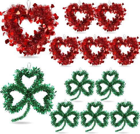 Suzile 12 Pieces Red Valentine Heart Wreaths Tinsel Heart Shaped Wreaths with Foil Hearts Love Hanging Irish St. Patrick's Day Lucky Green Tinsel Shamrock Decoration for Valentine's Day Wedding Door in Kuwait