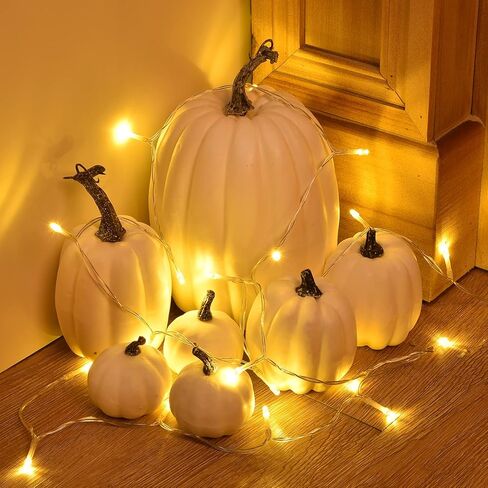 ارتيفلير 7 قطع من اليقطين الاصطناعي الابيض واوراق القيقب للتزيين، اوراق القيقب المزيفة المخملية للهالوين وعيد الشكر والخريف والاحتفالات وديكور حفلات الحصاد (7، ابيض) in Kuwait