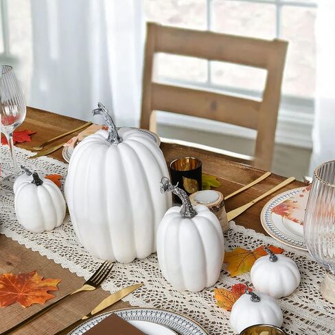 ارتيفلير 7 قطع من اليقطين الاصطناعي الابيض واوراق القيقب للتزيين، اوراق القيقب المزيفة المخملية للهالوين وعيد الشكر والخريف والاحتفالات وديكور حفلات الحصاد (7، ابيض) in Kuwait