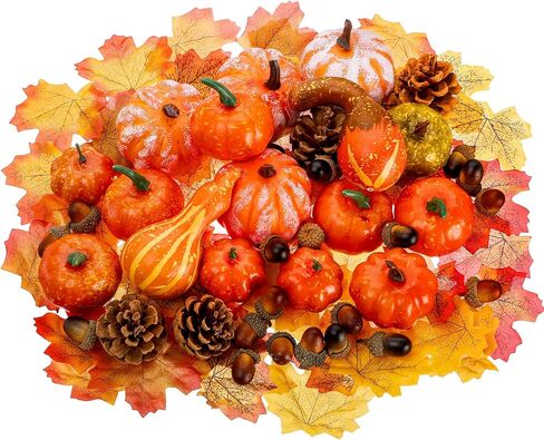Hacaroa 100 Pcs Thanksgiving Artificial Pumpkins Set, 14 Pcs Faux Pumpkins 60 Pcs Maple Leaves, 2 Pcs Autumn Gourds, 4 Pcs Pinecorns, 20 Pcs Acorns for Halloween, Fall Harvest Home Decor in Saudi Arabia