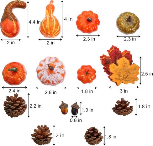 Hacaroa 100 Pcs Thanksgiving Artificial Pumpkins Set, 14 Pcs Faux Pumpkins 60 Pcs Maple Leaves, 2 Pcs Autumn Gourds, 4 Pcs Pinecorns, 20 Pcs Acorns for Halloween, Fall Harvest Home Decor in Saudi Arabia