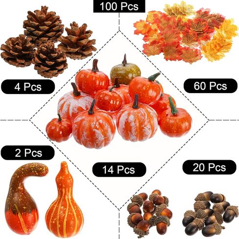 Hacaroa 100 Pcs Thanksgiving Artificial Pumpkins Set, 14 Pcs Faux Pumpkins 60 Pcs Maple Leaves, 2 Pcs Autumn Gourds, 4 Pcs Pinecorns, 20 Pcs Acorns for Halloween, Fall Harvest Home Decor in Saudi Arabia