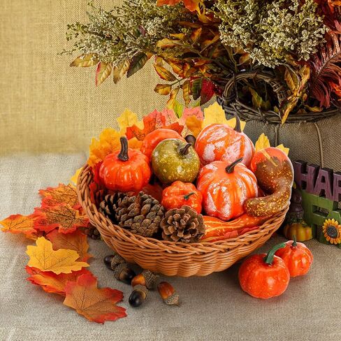 Hacaroa 100 Pcs Thanksgiving Artificial Pumpkins Set, 14 Pcs Faux Pumpkins 60 Pcs Maple Leaves, 2 Pcs Autumn Gourds, 4 Pcs Pinecorns, 20 Pcs Acorns for Halloween, Fall Harvest Home Decor in Saudi Arabia