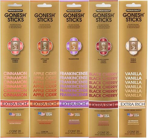 Gonesh Incense Extra Rich Collection Variety Pack, 5 Packs, 20 Sticks Each (Cinnamon, Apple Cider, Frankincense, Black Cherry, Vanilla) in Saudi Arabia