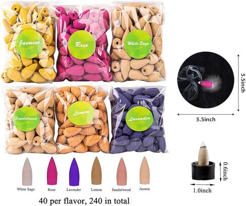 مخاريط البخور 240 مخاريط باك فلو 6 عطور مختلطة مخروط بخور أقوى معطر مع حامل للبخور ، حصيرة مقاومة للحريق in Kuwait