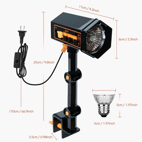 AZV Reptile Heat Lamp, UVA UVB Turtle Basking Spot Light with Clamp, Adjustable 360° Rotatable Arm, 25W Bulb Dimmable Habitat Heating Gecko Lamp for Tortoise, Snake, Frog, Lizard, Cockatoo, Chameleon in Kuwait