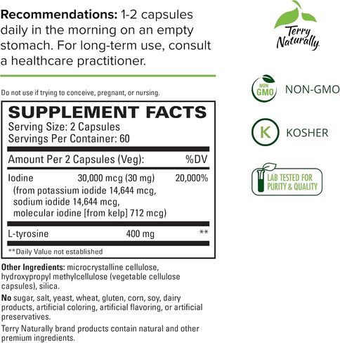 Terry Naturally Thyroid Care - 120 كبسولة، عبوة من 2 - وظيفة استقلابية كاملة - مع اليود + L-Tyrosine - غير معدّل وراثيًا، خالي من الغلوتين، كوشير - 120 وجبة إجمالية in Saudi Arabia