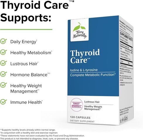 Terry Naturally Thyroid Care - 120 كبسولة، عبوة من 2 - وظيفة استقلابية كاملة - مع اليود + L-Tyrosine - غير معدّل وراثيًا، خالي من الغلوتين، كوشير - 120 وجبة إجمالية in Saudi Arabia