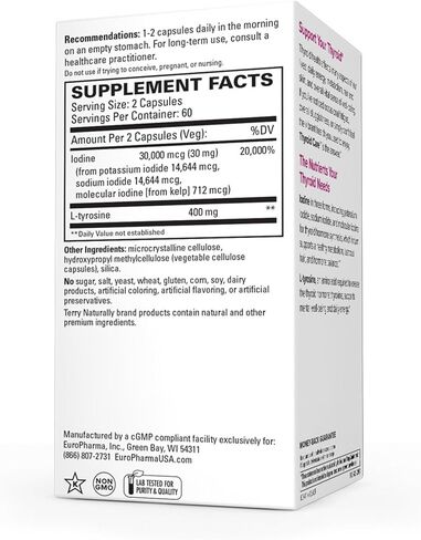 Terry Naturally Thyroid Care - 120 كبسولة، عبوة من 2 - وظيفة استقلابية كاملة - مع اليود + L-Tyrosine - غير معدّل وراثيًا، خالي من الغلوتين، كوشير - 120 وجبة إجمالية in Saudi Arabia