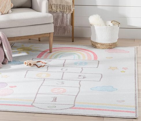Well Woven Hopscotch Rug Playmat Rainbow Multicolor Beige 3'3" x 5' Apollo Kids Collection in Saudi Arabia
