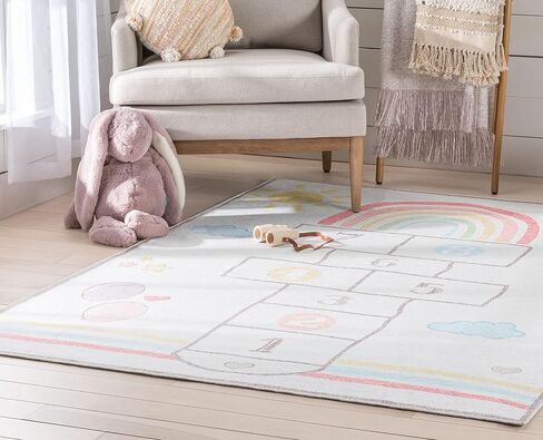 Well Woven Hopscotch Rug Playmat Rainbow Multicolor Beige 3'3" x 5' Apollo Kids Collection in Saudi Arabia