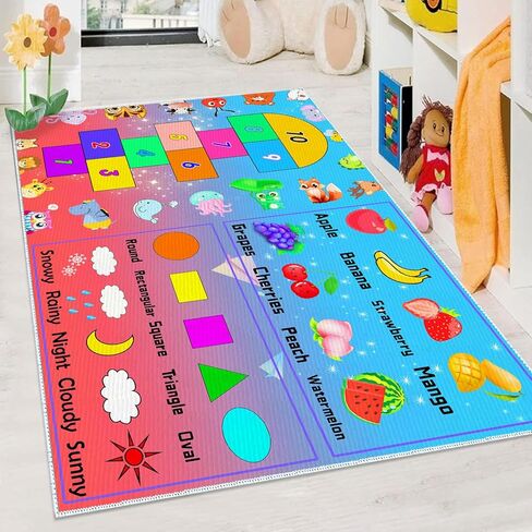 DoRlPIeY Kids Hopscotch Game Rug with Animals, Shapes, Fruit and Weather - 4'x6' Hop and Count Fun Play Learning Educational Area Rugs, Non Slip Carpet for Bedroom Kids Classroom Nursery in Kuwait