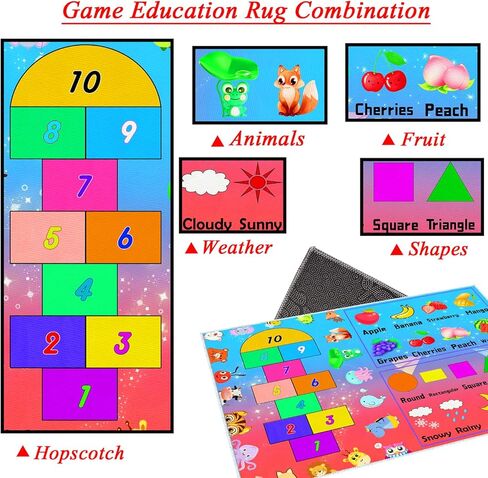 DoRlPIeY Kids Hopscotch Game Rug with Animals, Shapes, Fruit and Weather - 4'x6' Hop and Count Fun Play Learning Educational Area Rugs, Non Slip Carpet for Bedroom Kids Classroom Nursery in Kuwait