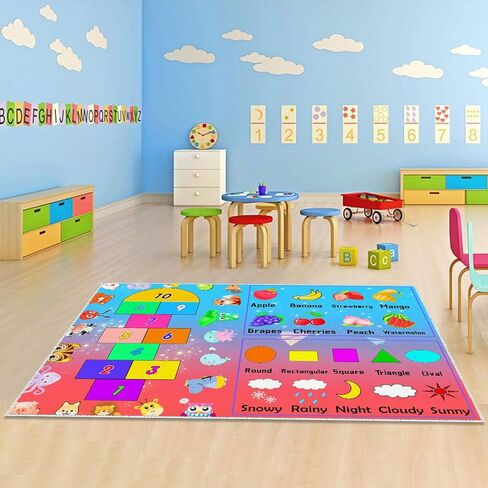 DoRlPIeY Kids Hopscotch Game Rug with Animals, Shapes, Fruit and Weather - 4'x6' Hop and Count Fun Play Learning Educational Area Rugs, Non Slip Carpet for Bedroom Kids Classroom Nursery in Kuwait