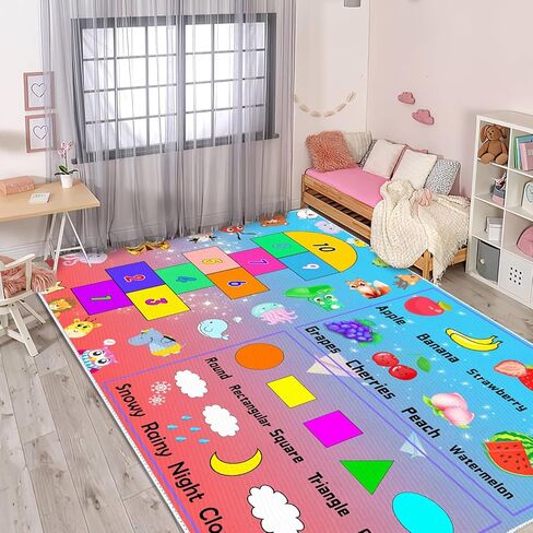 DoRlPIeY Kids Hopscotch Game Rug with Animals, Shapes, Fruit and Weather - 4'x6' Hop and Count Fun Play Learning Educational Area Rugs, Non Slip Carpet for Bedroom Kids Classroom Nursery in Kuwait