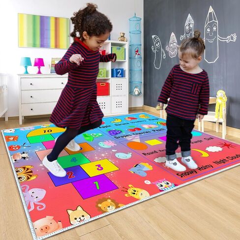 DoRlPIeY Kids Hopscotch Game Rug with Animals, Shapes, Fruit and Weather - 4'x6' Hop and Count Fun Play Learning Educational Area Rugs, Non Slip Carpet for Bedroom Kids Classroom Nursery in Kuwait
