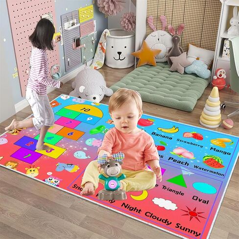 DoRlPIeY Kids Hopscotch Game Rug with Animals, Shapes, Fruit and Weather - 4'x6' Hop and Count Fun Play Learning Educational Area Rugs, Non Slip Carpet for Bedroom Kids Classroom Nursery in Kuwait