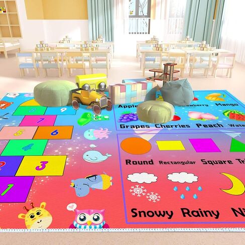DoRlPIeY Kids Hopscotch Game Rug with Animals, Shapes, Fruit and Weather - 4'x6' Hop and Count Fun Play Learning Educational Area Rugs, Non Slip Carpet for Bedroom Kids Classroom Nursery in Kuwait