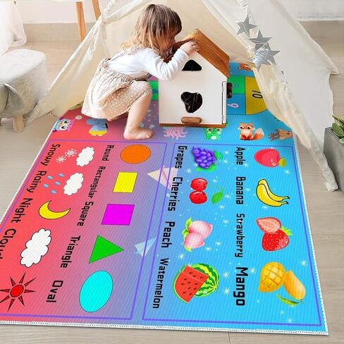 DoRlPIeY Kids Hopscotch Game Rug with Animals, Shapes, Fruit and Weather - 4'x6' Hop and Count Fun Play Learning Educational Area Rugs, Non Slip Carpet for Bedroom Kids Classroom Nursery in Kuwait