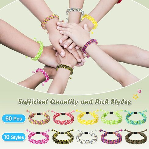 Crowye 60 Pieces Adjustable Paracord Bracelets Friendship Bracelets Bulk Braided Bracelets Tactical Survival Bracelets Camo Parachute Cord Bracelet Wristbands for Boys Teens Men Camping Theme Party in Saudi Arabia