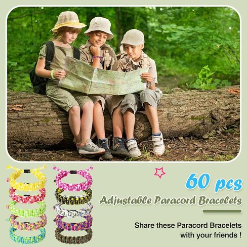 Crowye 60 Pieces Adjustable Paracord Bracelets Friendship Bracelets Bulk Braided Bracelets Tactical Survival Bracelets Camo Parachute Cord Bracelet Wristbands for Boys Teens Men Camping Theme Party in Saudi Arabia