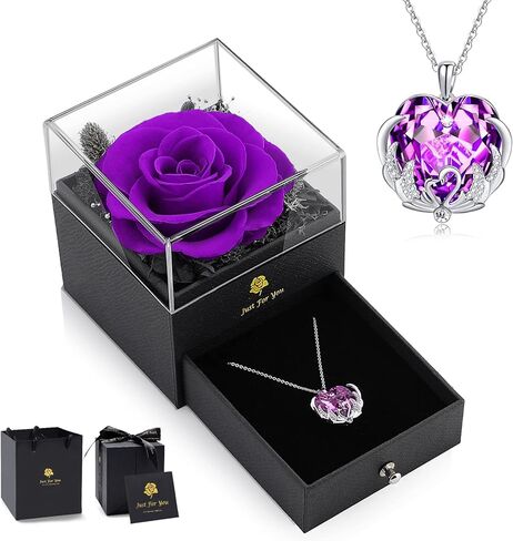 هدايا عيد الميلاد من S SIVERY للنساء - هدية وردة وردية أرجوانية حقيقية لها مع قلادة من الكريستال النمساوي لها، هدايا عيد ميلاد لصديقتك، هدايا عيد الميلاد للأم، هدايا للذكرى السنوية in Kuwait