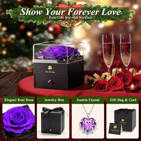 هدايا عيد الميلاد من S SIVERY للنساء - هدية وردة وردية أرجوانية حقيقية لها مع قلادة من الكريستال النمساوي لها، هدايا عيد ميلاد لصديقتك، هدايا عيد الميلاد للأم، هدايا للذكرى السنوية in Kuwait