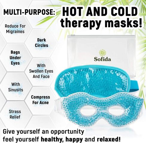 جل تلطيف العين من سوفيدا، قناع يقلل من الهالات السوداء المنتفخة والصداع النصفي وتخفيف التوتر، يمكن إعادة استخدامها، علاج بارد ساخن، عبوة ثلج من ضغط الجيوب الأنفية (أزرق) in Kuwait