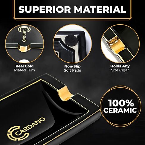 CARDANO Luxury Cigar Ashtrays – Real Gold-Plated Trim on Kiln Cured Ceramic with a Black Onyx Finish – Ash Tray for Small or Large Cigars – Indoor Outdoor Home Use for Patio Table Stand - Outside Portable Ashtray Smoking Accessories Gift Set for Men in Kuwait