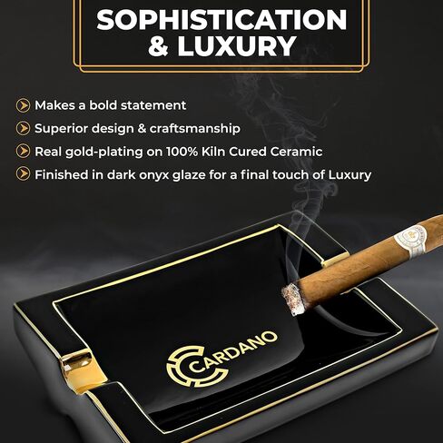 CARDANO Luxury Cigar Ashtrays – Real Gold-Plated Trim on Kiln Cured Ceramic with a Black Onyx Finish – Ash Tray for Small or Large Cigars – Indoor Outdoor Home Use for Patio Table Stand - Outside Portable Ashtray Smoking Accessories Gift Set for Men in Kuwait
