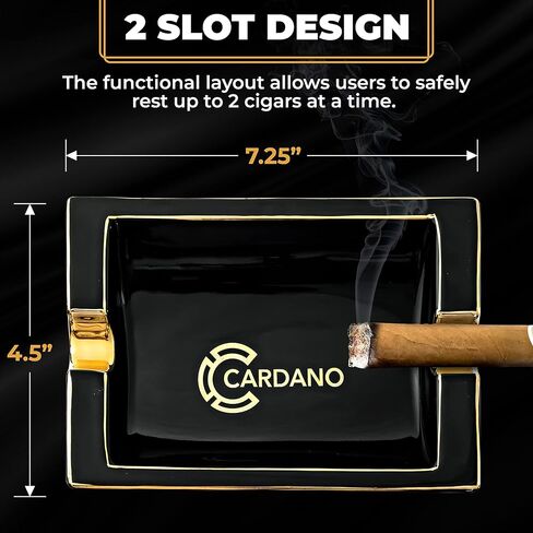 CARDANO Luxury Cigar Ashtrays – Real Gold-Plated Trim on Kiln Cured Ceramic with a Black Onyx Finish – Ash Tray for Small or Large Cigars – Indoor Outdoor Home Use for Patio Table Stand - Outside Portable Ashtray Smoking Accessories Gift Set for Men in Kuwait