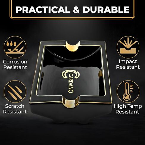 CARDANO Luxury Cigar Ashtrays – Real Gold-Plated Trim on Kiln Cured Ceramic with a Black Onyx Finish – Ash Tray for Small or Large Cigars – Indoor Outdoor Home Use for Patio Table Stand - Outside Portable Ashtray Smoking Accessories Gift Set for Men in Kuwait