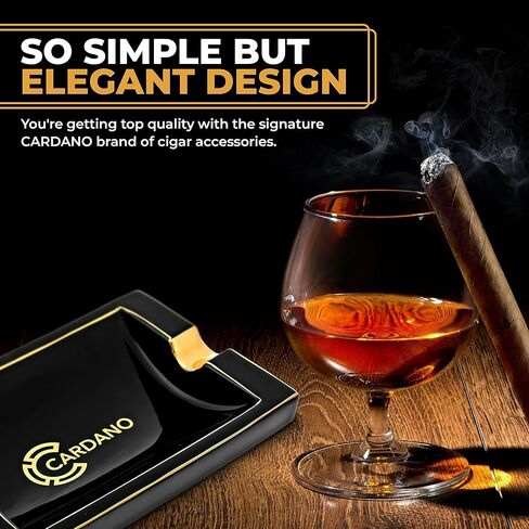 CARDANO Luxury Cigar Ashtrays – Real Gold-Plated Trim on Kiln Cured Ceramic with a Black Onyx Finish – Ash Tray for Small or Large Cigars – Indoor Outdoor Home Use for Patio Table Stand - Outside Portable Ashtray Smoking Accessories Gift Set for Men in Kuwait