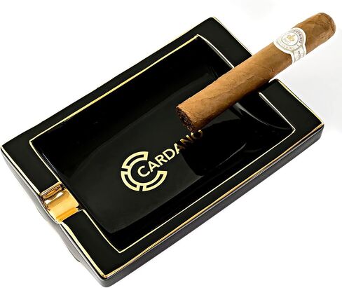 CARDANO Luxury Cigar Ashtrays – Real Gold-Plated Trim on Kiln Cured Ceramic with a Black Onyx Finish – Ash Tray for Small or Large Cigars – Indoor Outdoor Home Use for Patio Table Stand - Outside Portable Ashtray Smoking Accessories Gift Set for Men in Kuwait