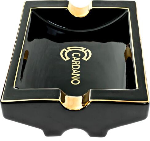 CARDANO Luxury Cigar Ashtrays – Real Gold-Plated Trim on Kiln Cured Ceramic with a Black Onyx Finish – Ash Tray for Small or Large Cigars – Indoor Outdoor Home Use for Patio Table Stand - Outside Portable Ashtray Smoking Accessories Gift Set for Men in Kuwait