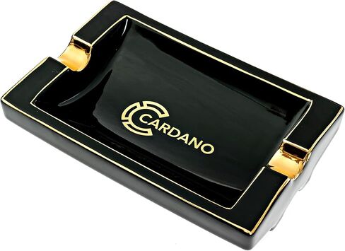 CARDANO Luxury Cigar Ashtrays – Real Gold-Plated Trim on Kiln Cured Ceramic with a Black Onyx Finish – Ash Tray for Small or Large Cigars – Indoor Outdoor Home Use for Patio Table Stand - Outside Portable Ashtray Smoking Accessories Gift Set for Men in Kuwait