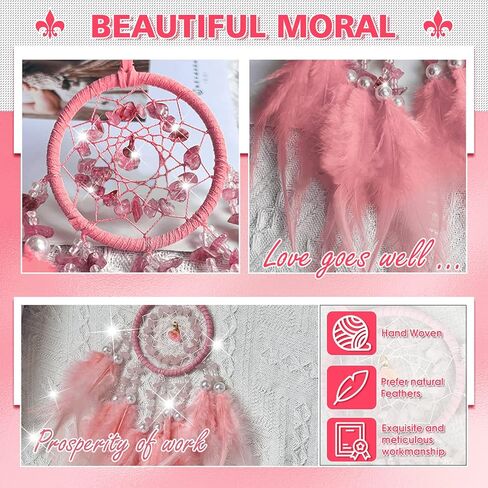صائدة الاحلام لمراة الرؤية الخلفية للسيارة، اكسسوارات معلقة - شبكات منسوجة يدويا من الريش والكريستال الصناعي واللؤلؤ الزهري لصائد الاحلام للفتيات، اكسسوارات داخلية للسيارة بلون زهري in Kuwait