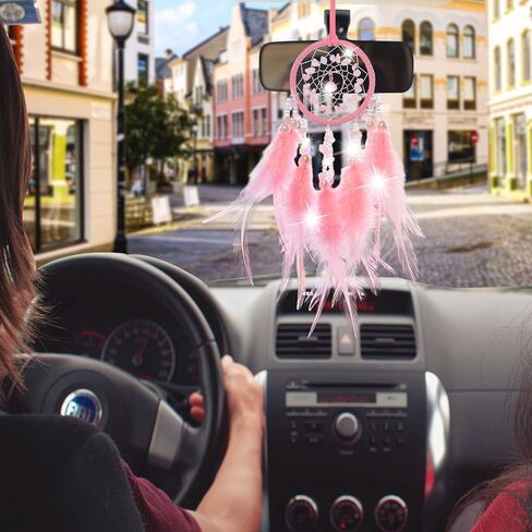 صائدة الاحلام لمراة الرؤية الخلفية للسيارة، اكسسوارات معلقة - شبكات منسوجة يدويا من الريش والكريستال الصناعي واللؤلؤ الزهري لصائد الاحلام للفتيات، اكسسوارات داخلية للسيارة بلون زهري in Kuwait