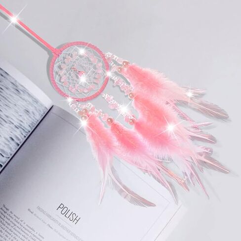 صائدة الاحلام لمراة الرؤية الخلفية للسيارة، اكسسوارات معلقة - شبكات منسوجة يدويا من الريش والكريستال الصناعي واللؤلؤ الزهري لصائد الاحلام للفتيات، اكسسوارات داخلية للسيارة بلون زهري in Kuwait