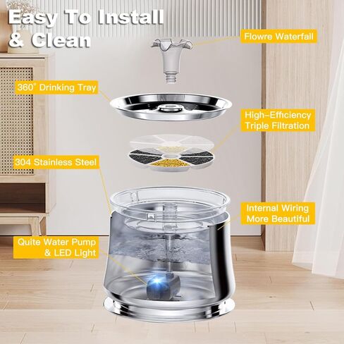 نافورة مياه للقطط من الفولاذ المقاوم للصدأ من كاكتويلي، نافورة مياه أوتوماتيكية للحيوانات الأليفة سعة 2.5 لتر/84 أونصة، مضخة فائقة الهدوء و2 مرشحات، نافورة للقطط للشرب مع ضوء LED، خالية من مادة BPA in Kuwait