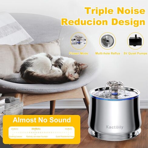 نافورة مياه للقطط من الفولاذ المقاوم للصدأ من كاكتويلي، نافورة مياه أوتوماتيكية للحيوانات الأليفة سعة 2.5 لتر/84 أونصة، مضخة فائقة الهدوء و2 مرشحات، نافورة للقطط للشرب مع ضوء LED، خالية من مادة BPA in Kuwait