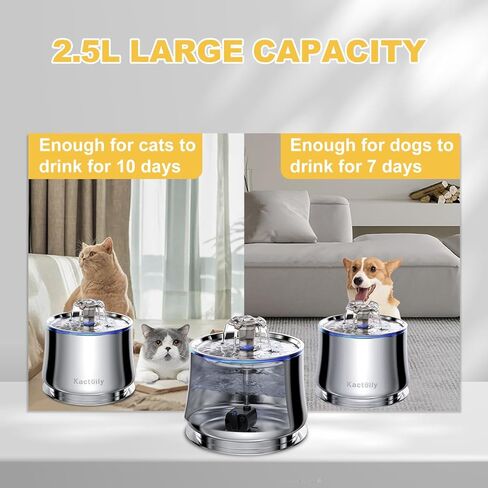 نافورة مياه للقطط من الفولاذ المقاوم للصدأ من كاكتويلي، نافورة مياه أوتوماتيكية للحيوانات الأليفة سعة 2.5 لتر/84 أونصة، مضخة فائقة الهدوء و2 مرشحات، نافورة للقطط للشرب مع ضوء LED، خالية من مادة BPA in Kuwait
