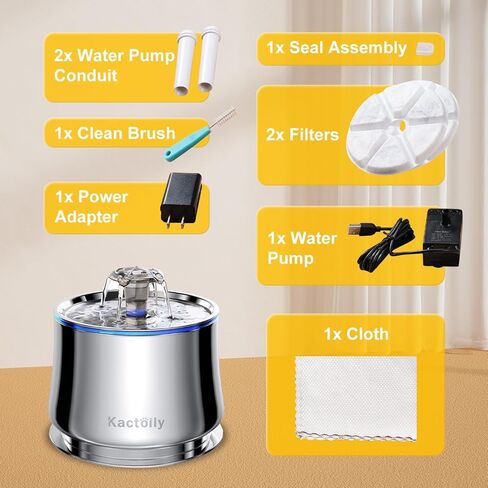 نافورة مياه للقطط من الفولاذ المقاوم للصدأ من كاكتويلي، نافورة مياه أوتوماتيكية للحيوانات الأليفة سعة 2.5 لتر/84 أونصة، مضخة فائقة الهدوء و2 مرشحات، نافورة للقطط للشرب مع ضوء LED، خالية من مادة BPA in Kuwait