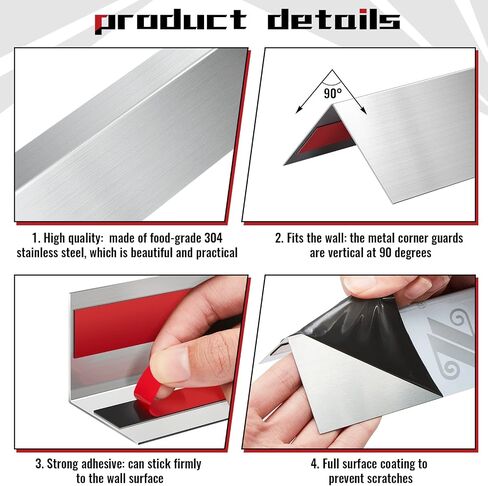 Therwen 10 Pcs 304 Stainless Steel Wall Corner Guards 0.5 x 0.5 x 36 Inch Self Adhesive Heavy Duty Corner Protector Trim with 90 Degree Angle for Wall Protection Metal Edge Guard in Saudi Arabia