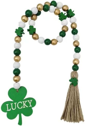 عيد القديس باتريك الخرز الخشبي إكليل مع شرابات، عيد القديس باتريك معلق خشبي أخضر شامروك قلادة الحلي مزرعة نمط الخشب الأيرلندي ديكور مطرز لعيد القديس باتريك يوم القديس باتريك زينة صينية متدرجة in Kuwait