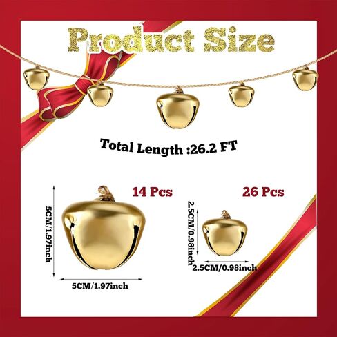 Hiboom 26.25 ft Christmas Jingle Bell Hanging String Vintage Jingle Bell Garland Gold Finish Bells Garland for Christmas Tree Hanging Ornaments Bells String for Home Office Wall Door Decorations in Saudi Arabia