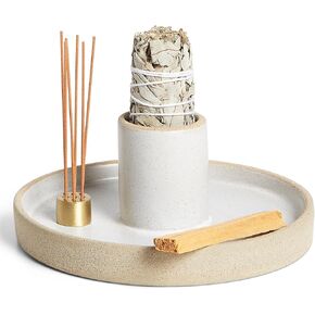 Ceramic Sage Holder for Burning 3 in 1 - Sage Smudge Kit - Incense Holder for Sticks - Palo Santo Holder - White Sage Burner - Altar Supplies Decor - White Sage, Palo Santo, Incense Sticks Included in Saudi Arabia
