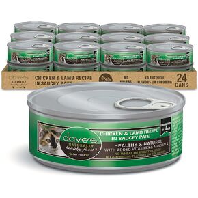 طعام القطط الرطب الخالي من الحبوب من Dave's Pet Food (معجون صلصة الدجاج ولحم الضأن)، طعام القطط المعلب الصحي بشكل طبيعي، الفيتامينات والمعادن المضافة، القمح والخالي من الغلوتين، علب 5.5 أونصة (علبة تحتوي على 24) in Kuwait