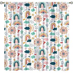 Kids Rainbow Window Curtains Cute Cartoon Rainbow Raindrop Floral Pattern Bohemian Style Girls Boys Bedroom Living Room Children's Room Decorative Heat Insulation Blackout Curtains52x84in in Kuwait